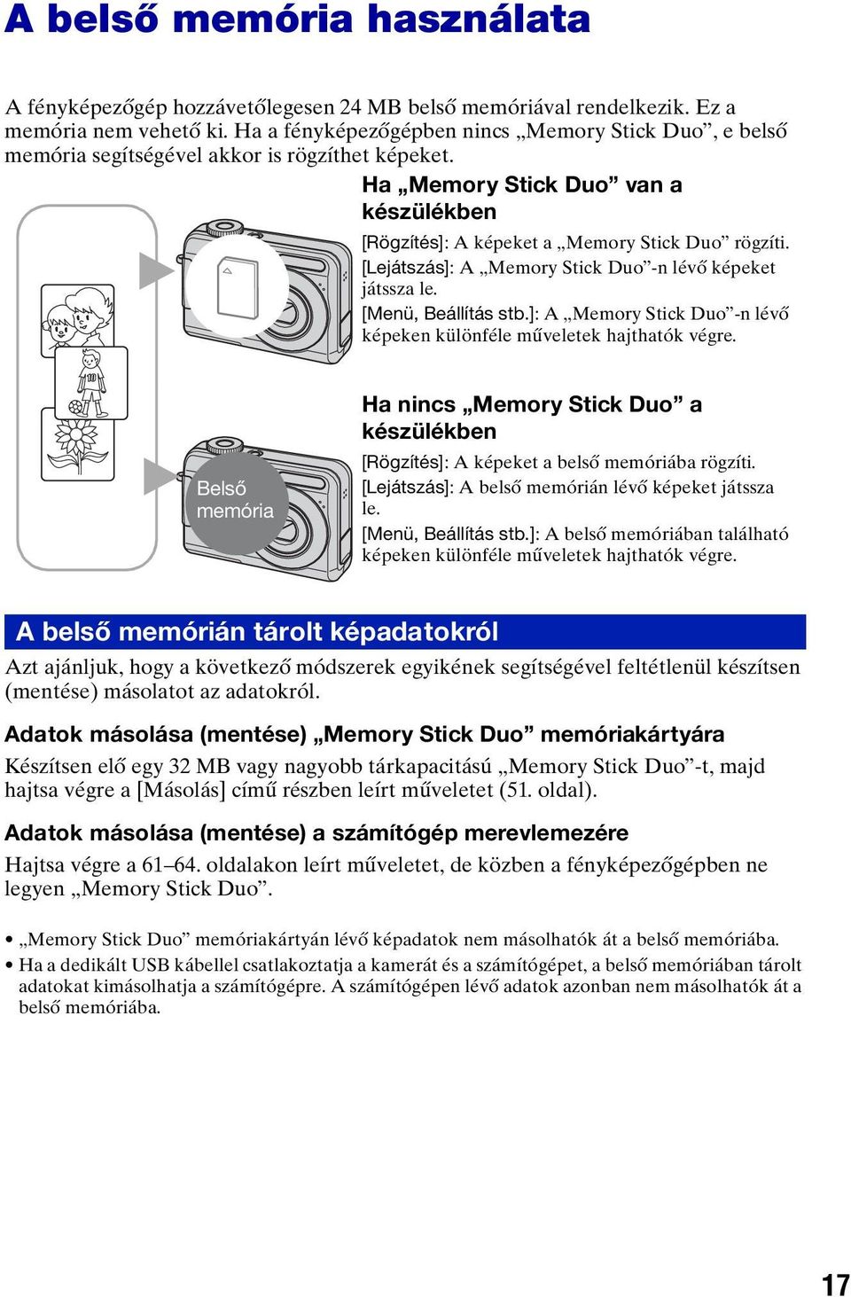 [Lejátszás]: A Memory Stick Duo -n lévő képeket B játssza le. [Menü, Beállítás stb.]: A Memory Stick Duo -n lévő képeken különféle műveletek hajthatók végre.