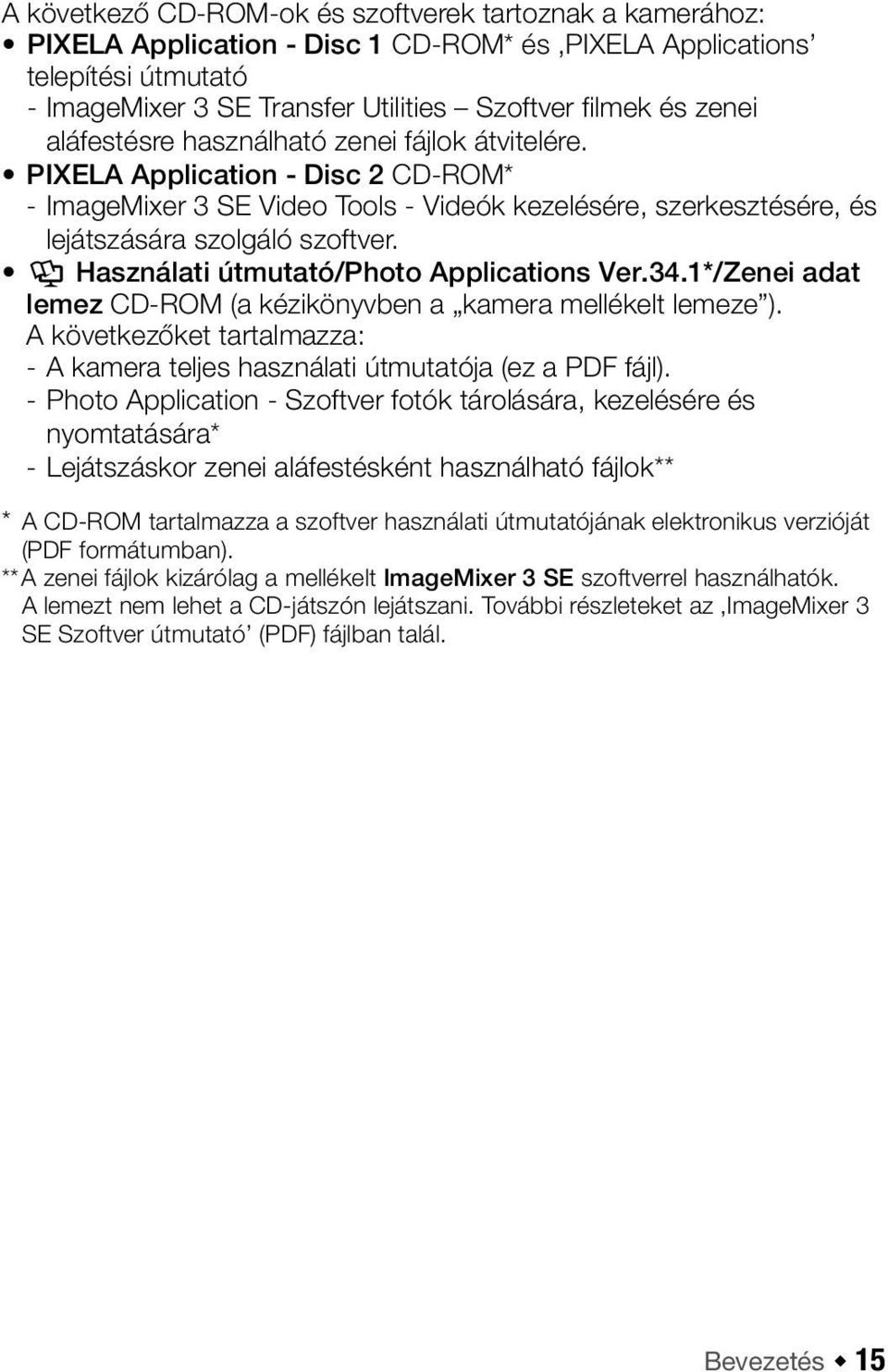 Y Használati útmutató/photo Applications Ver.34.1*/Zenei adat lemez CD-ROM (a kézikönyvben a kamera mellékelt lemeze ).