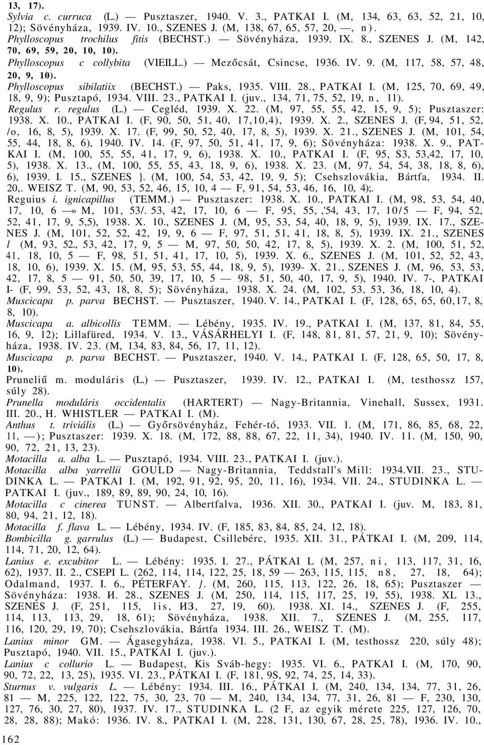(M, 117, 58, 57, 48, 20, 9, 10). Phylloscopus sibilatiix (BECHST.) Paks, 1935. VIII. 28., PATKAI I. (M, 125, 70, 69, 49, 18, 9, 9); Pusztapó, 1934. VIII. 23., PATKAI I. (juv.