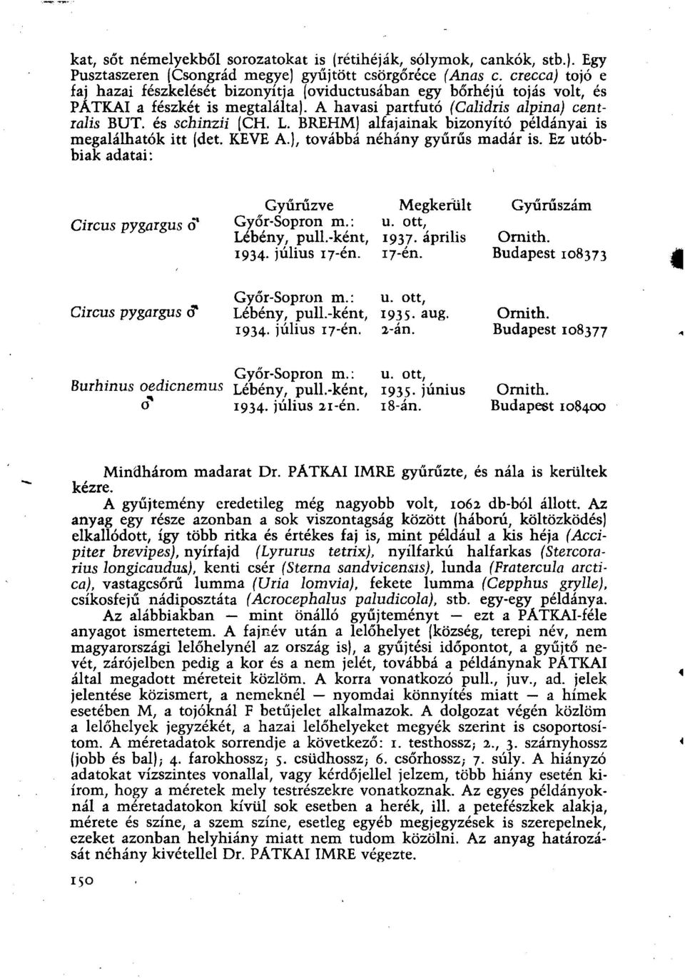 BREHM) alfajainak bizonyító példányai is megalálhatók itt (det. KÉVE A.), továbbá néhány gyűrűs madár is. Ez utóbbiak adatai: Circus pygargus ô' Circus pygargus d* Gyűrűzve Megkerült Győr-Sopron m.