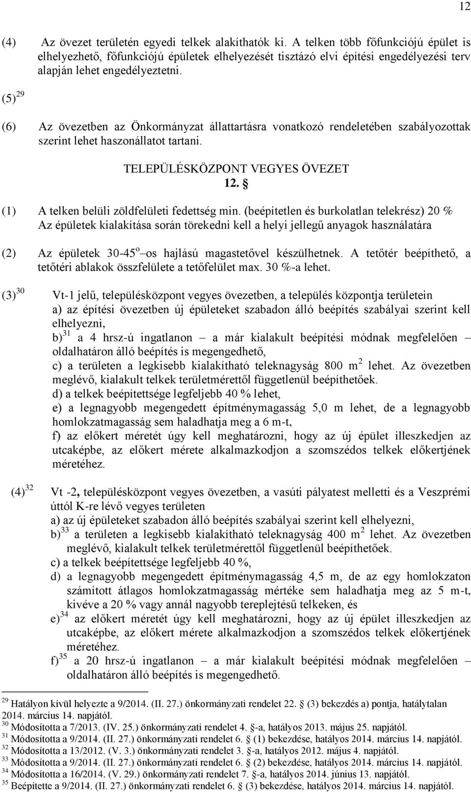 (5) 29 (6) Az övezetben az Önkormányzat állattartásra vonatkozó rendeletében szabályozottak szerint lehet haszonállatot tartani. TELEPÜLÉSKÖZPONT VEGYES ÖVEZET 12.