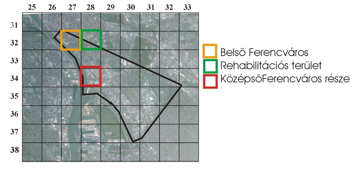 4.1.2. Területi összehasonlítások MODIS rácscellák alapján A rehabilitációs területen kívül Ferencváros több részén hajtottak végre városfejlesztési terveket az elmúlt évtizedekben.