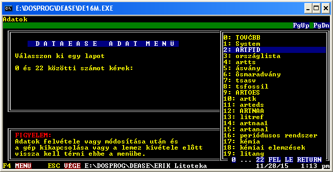 Litotéka adatbázis Első változat 1980 évek vége (dbase III+) Jelenleg is használt változat: DataEase DOS- os platform, relációs adatbázis, személyes, egy felhasználós, képeket nem fogad Adattartalom: