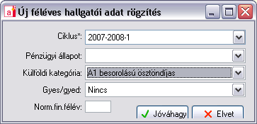 A finanszírozási forma a Szakok, képzések fülön, a megfelelı féléves szak-törzslapon állva, a jobb egérkattintással elérhetı Féléves szak-törzslap kapcsolat módosítása menüpontban módosítható.