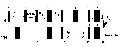 spinrendszerek azonosítása 15 N-szerkesztéssel 3D-TOCSY-HSQC 2I z b od cos( K t 1 ) 2I z cos( I t 1 ) I x b od cos( K t 1 )cos(ω N t 2 ) I x b od sin(ω I t 3 ) cos(ω N t 2