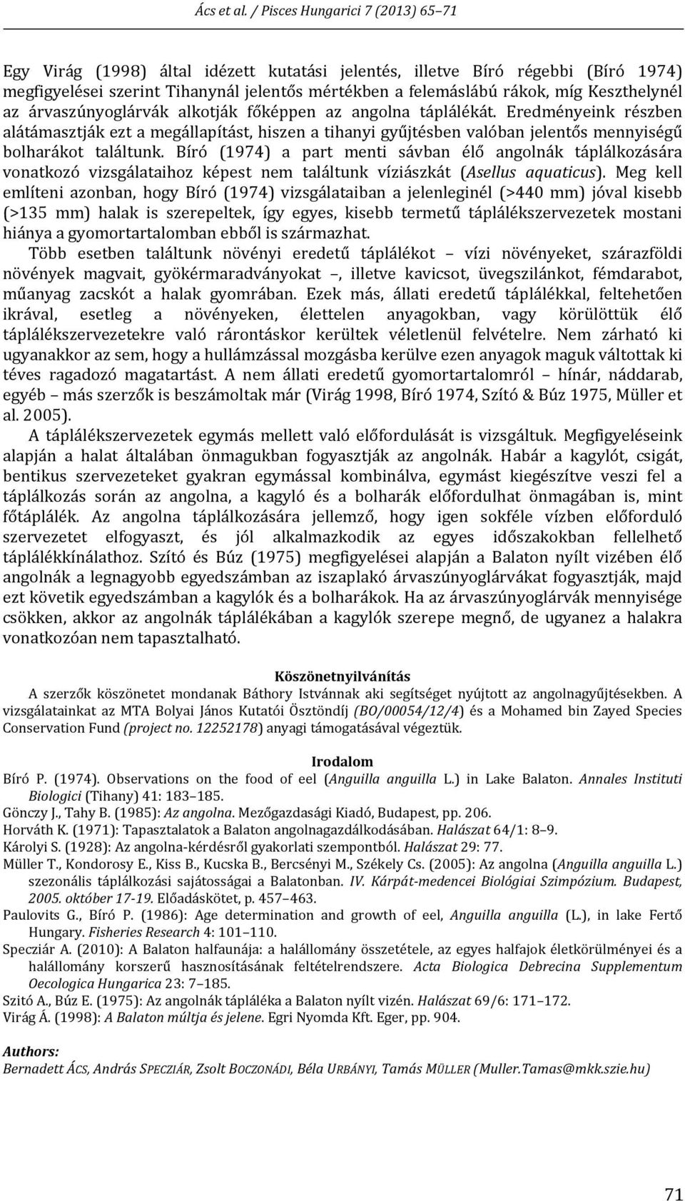 Bíró (1974) a part menti sávban élő angolnák táplálkozására vonatkozó vizsgálataihoz képest nem találtunk víziászkát (Asellus aquaticus).