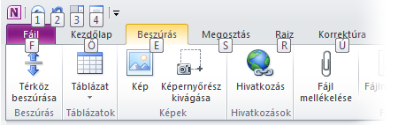 A billentyűtippek A OneNote 2010 a menüszalaghoz billentyűparancsokat, úgynevezett billentyűtippeket kínál, amelyek használatával gyorsan, egér nélkül dolgozhat.