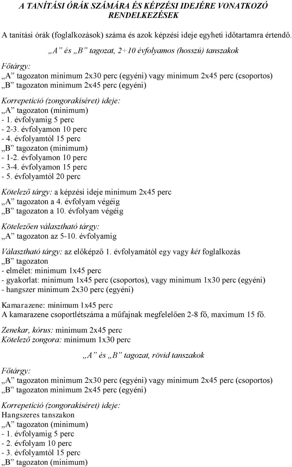 (zongorakíséret) ideje: A tagozaton (minimum) - 1. évfolyamig 5 perc - 2-3. évfolyamon 10 perc - 4. évfolyamtól 15 perc B tagozaton (minimum) - 1-2. évfolyamon 10 perc - 3-4. évfolyamon 15 perc - 5.