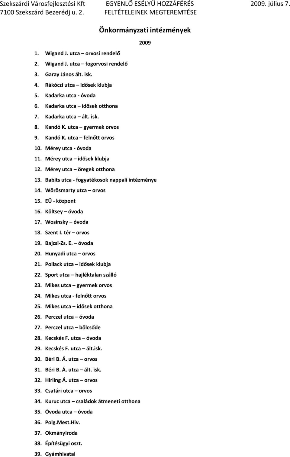 Babits utca - fogyatékosok nappali intézménye 14. Wörösmarty utca orvos 15. EÜ - központ 16. Költsey óvoda 17. Wosinsky óvoda 18. Szent I. tér orvos 19. Bajcsi-Zs. E. óvoda 20. Hunyadi utca orvos 21.