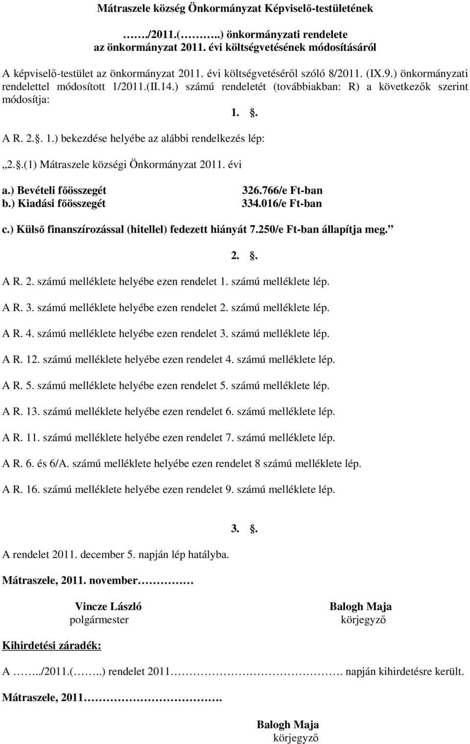 .(1) Mátraszele községi Önkormányzat 2011. évi a.) Bevételi főösszegét b.) Kiadási főösszegét 326.766/e Ft-ban 334.016/e Ft-ban c.) Külső finanszírozással (hitellel) fedezett hiányát 7.