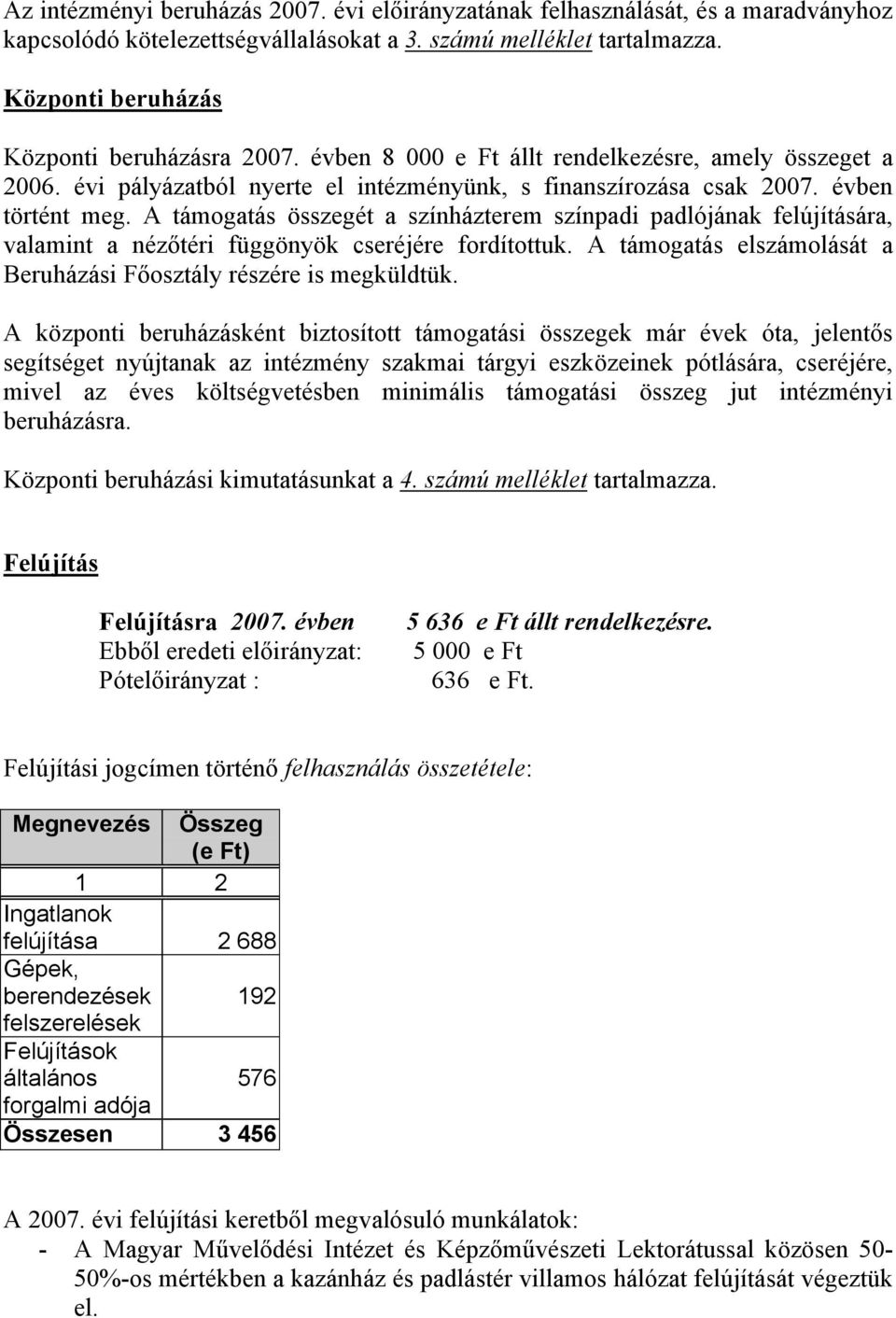 A támogatás összegét a színházterem színpadi padlójának felújítására, valamint a nézőtéri függönyök cseréjére fordítottuk. A támogatás elszámolását a Beruházási Főosztály részére is megküldtük.