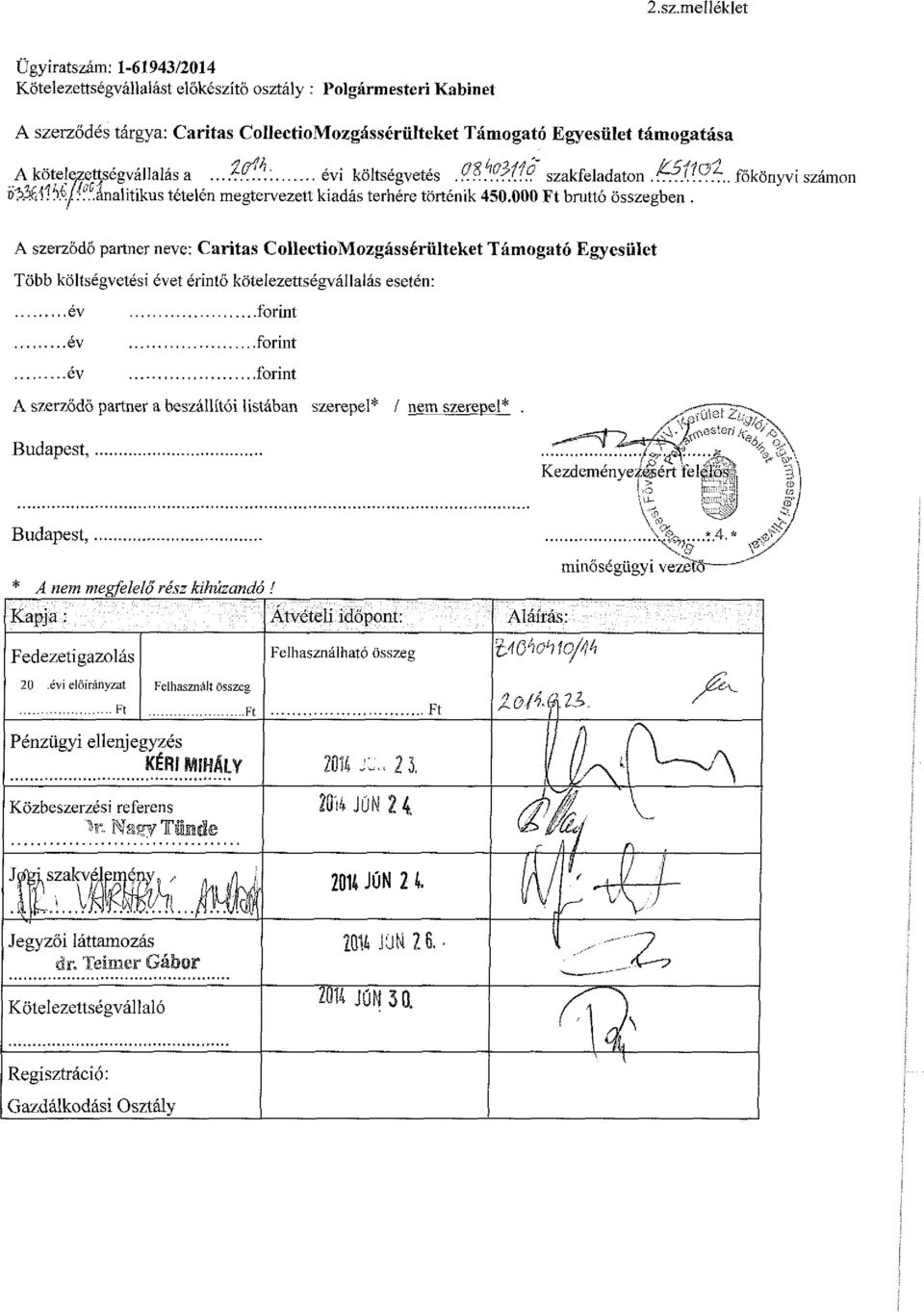 A szerződő partner neve: Caritas CoUectioMozgássérüIteket Támogató Egyesület Több költségvetési évet érintő kötelezettségvállalás esetén: év év év forint forint forint A szerződő partner a