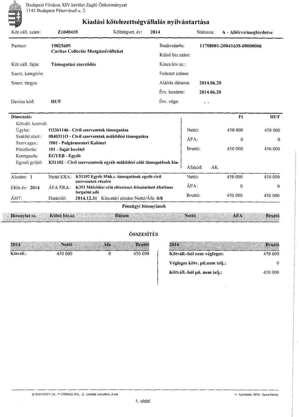 kategória: Támogatási szerződés Kincs.hiv.sz,: Fedezet száma: Szerz. tárgya: Aláírás dátuma: Érv. kezdete: 2014.06.20 2014.06.20 Deviza kód: HUF Érv. vége: Dimenzió: Ft HUF Kötváll.