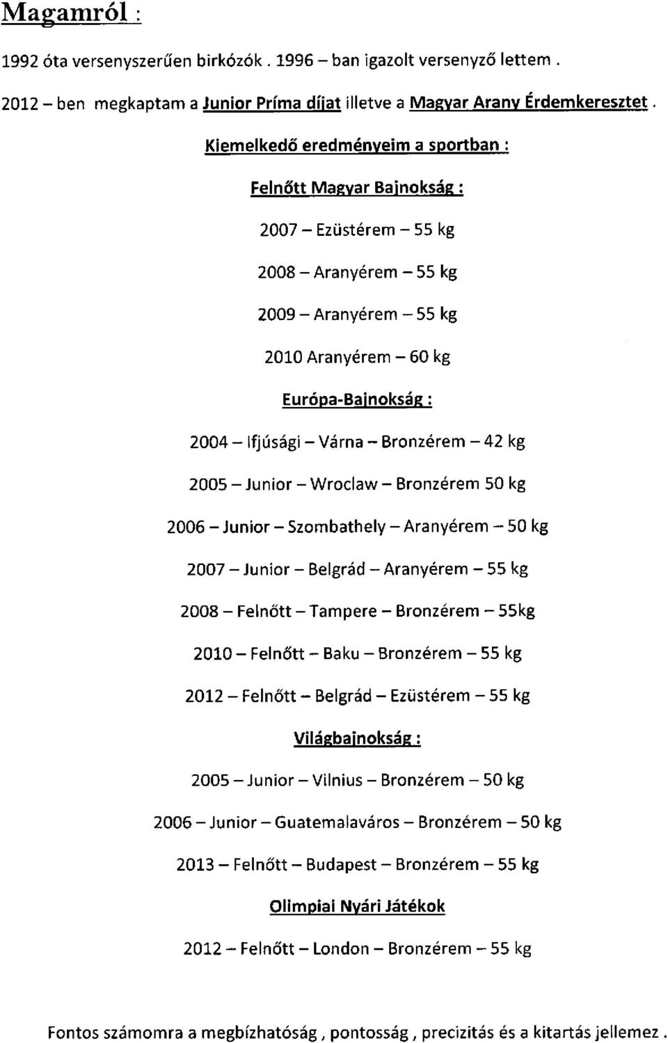 - Bronzérem - 42 kg 2005 - Junior - Wroclaw - Bronzérem 50 kg 2006 - Junior - Szombathely - Aranyérem - 50 kg 2007 - Junior - Belgrád - Aranyérem - 55 kg 2008 - Felnőtt - Tampere - Bronzérem - 55kg