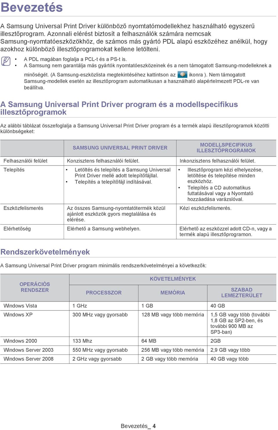 A PDL magában foglalja a PCL-t és a PS-t is. A Samsung nem garantálja más gyártók nyomtatóeszközeinek és a nem támogatott Samsung-modelleknek a minőségét.