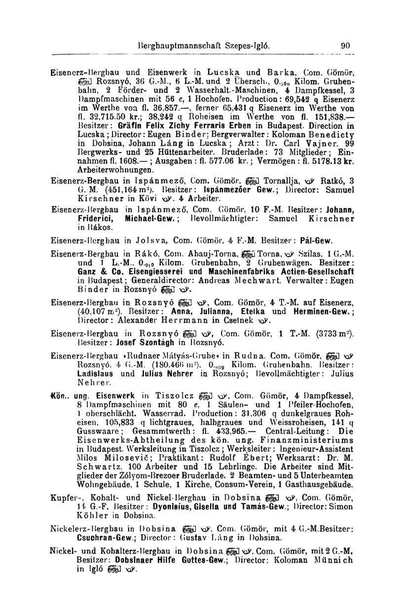 Berghauptmannschaft Szepes-Igló. 90 Eisenerz-Bergbau und Eisenwerk in Lucska und Barka, Com. Gömör, ggü Rozsnyó, 30 G.-M., 6 L.-M. und 2 Übersch., O. :)0o Kilom.