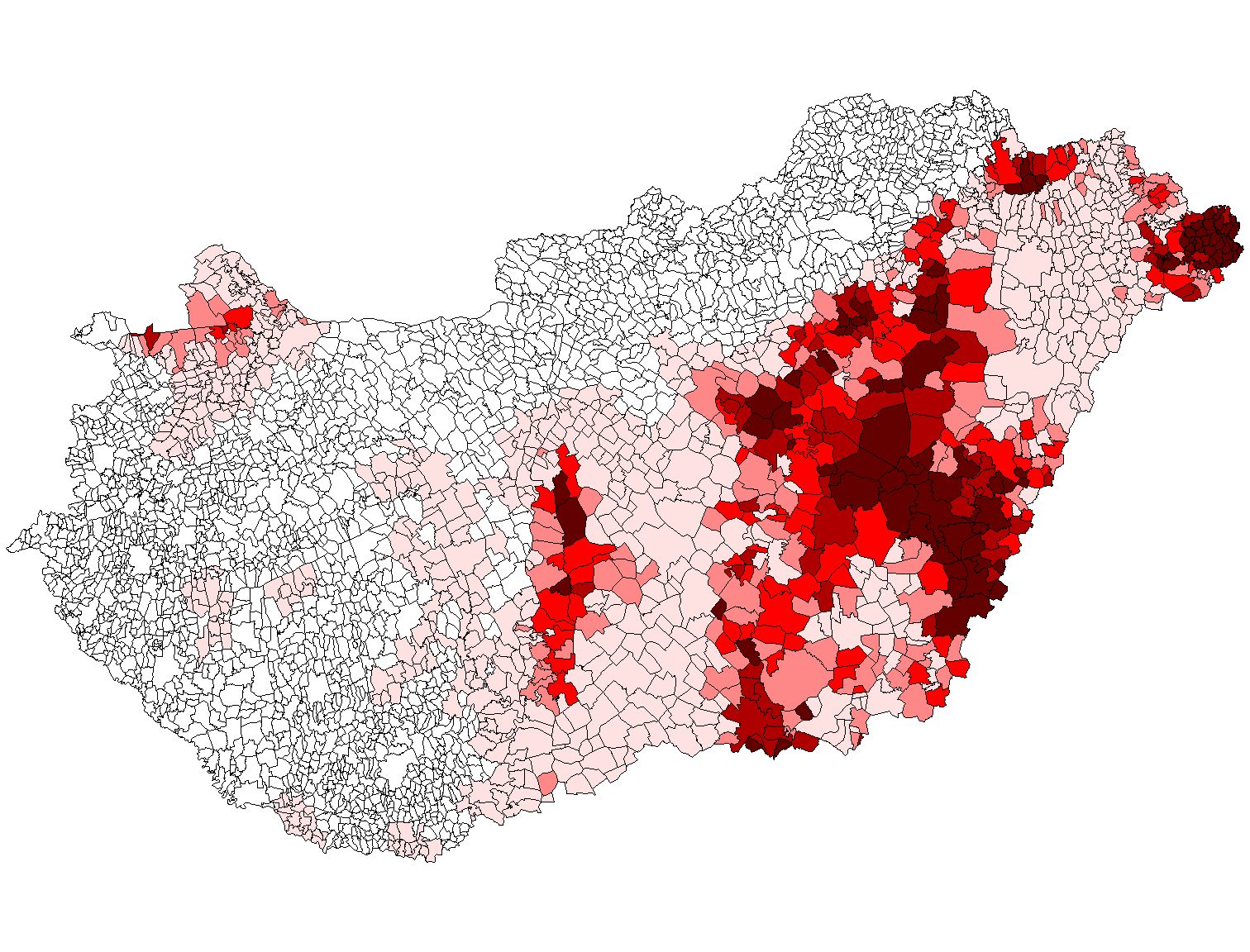 2. ábra. Hazánk belvízzel veszélyeztetett települései. A lehatárolás a négy fokozatú (alig, mérsékelten, közepesen, erősen veszélyeztetett) belvízveszélyességi térkép alapján készült.