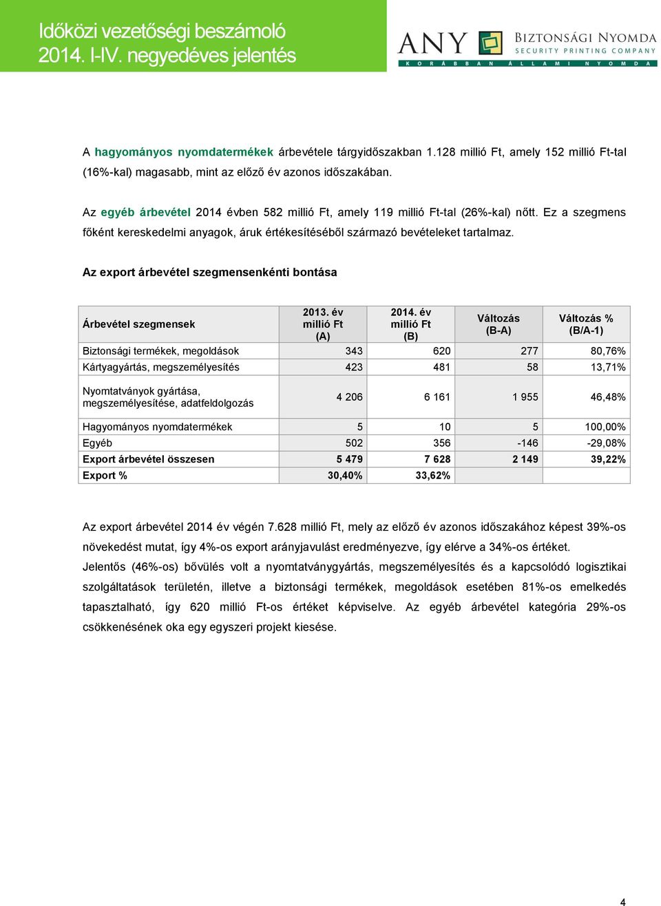 Az export árbevétel szegmensenkénti bontása Árbevétel szegmensek 2013. év millió Ft (A) 2014.