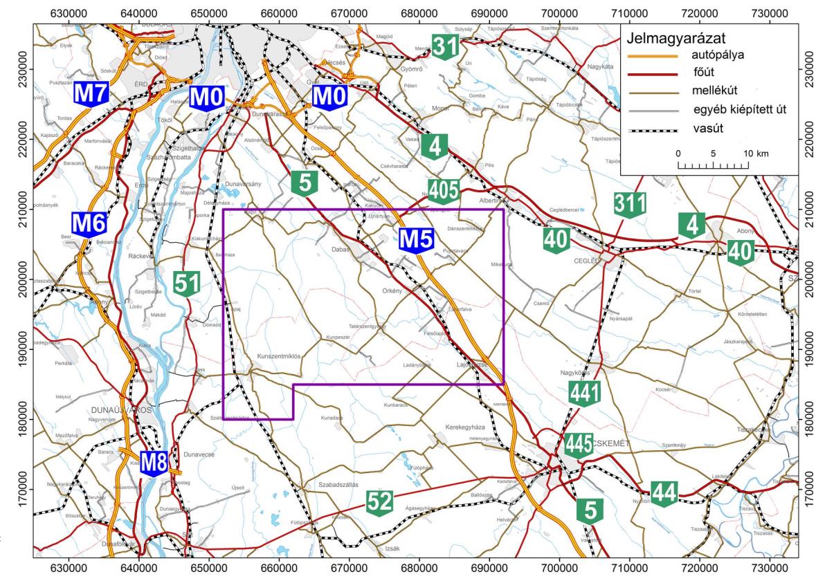 Örkény. Komplex érzékenységi és terhelhetőségi vizsgálati jelentés tervezet.4. A rendelkezésre álló infrastruktúra bemutatása.4.. Közlekedési viszonyok A vizsgálati terület mintegy 65%-a Pest megyében helyezkedik el, területének kb.