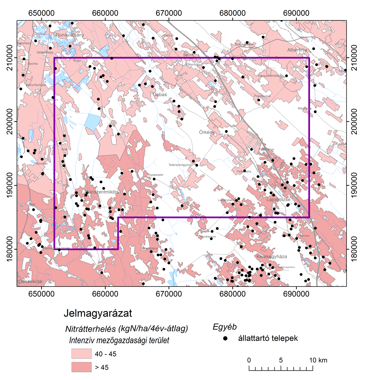 Örkény. Komplex érzékenységi és terhelhetőségi vizsgálati tanulmány 5. ábra. Települési és mezőgazdasági nitrátterhelés, nagylétszámú állattartó telepek.4.
