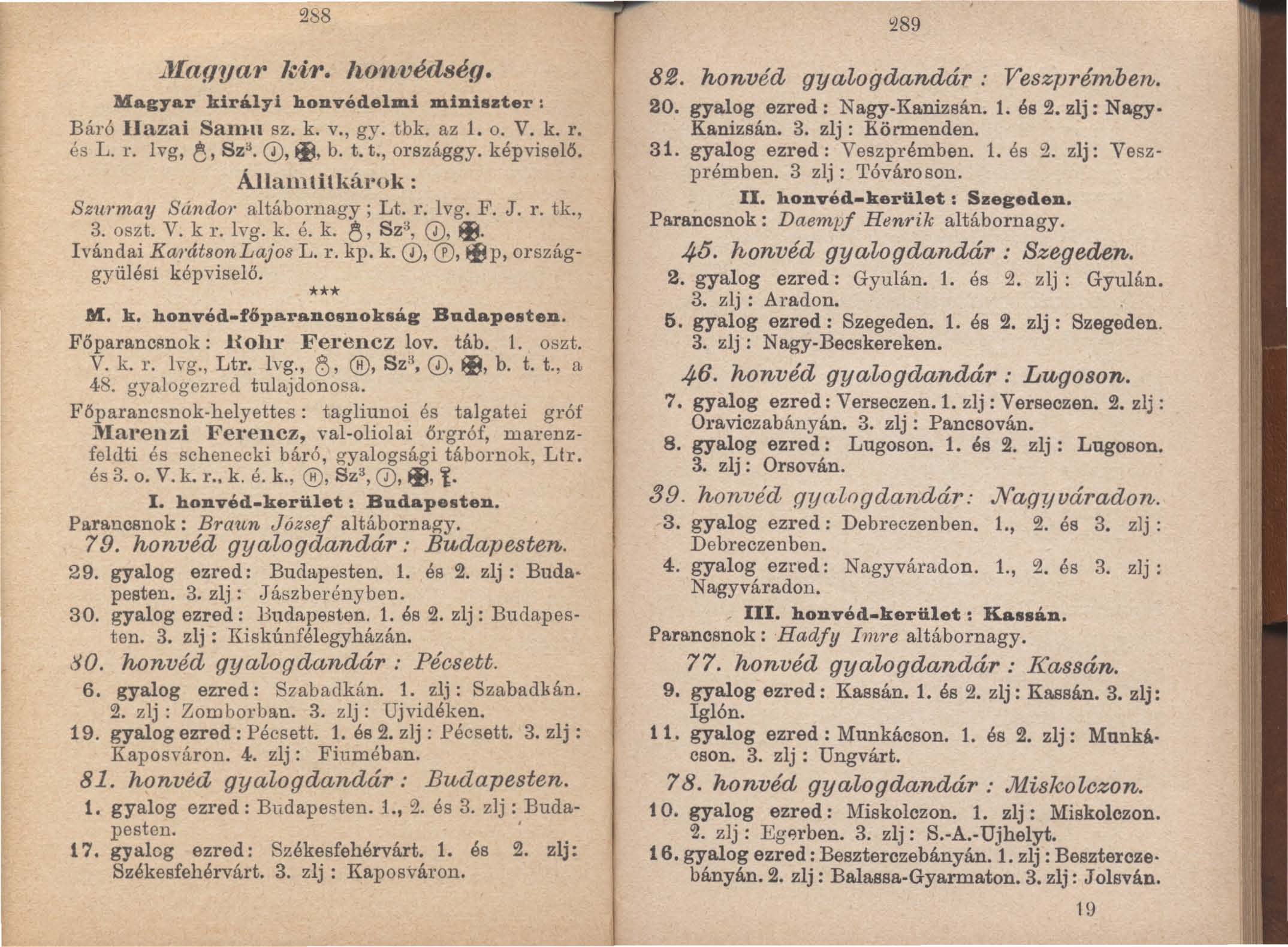 2&8.LlIagyar kir. honvédség. Magyar királyi honvédelmi miniszter: Báró Hazai SanHl sz. k. V., gy. tbk az 1. o. V. k. r. és L. r. lvg, é, S Z3. 0,~, b. t. t., országgy. képviselő.