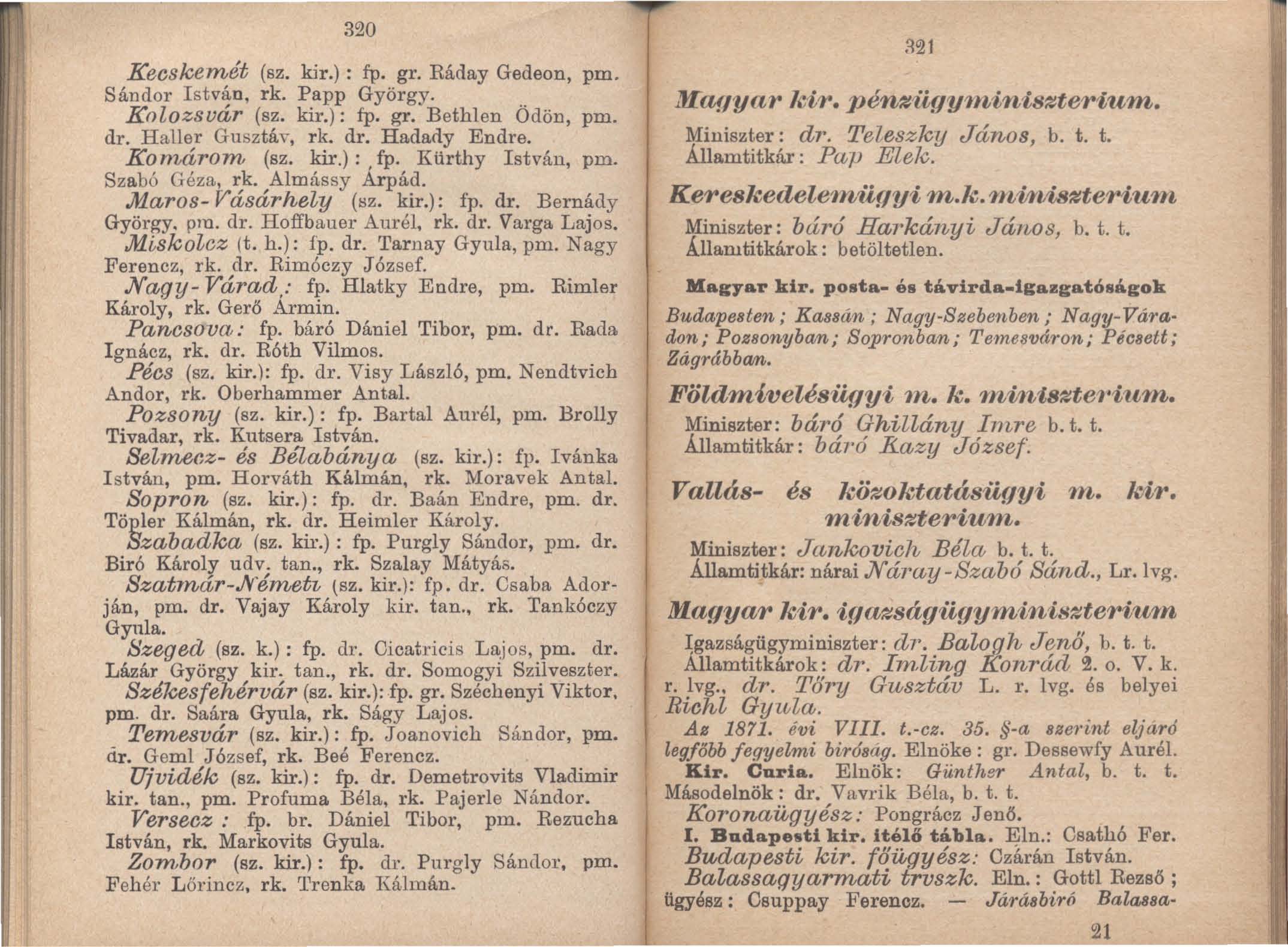 320 Kecskemét (sz. kir.): fij. gr. Ráday Gedeon, pm. Sándor István, rk. Papp György. Knlozsvár (sz. kir.): tp. gr. Bethlen Ödön, pm. dr. Haller Gusztáv, rk. dr. Hadady Endre. Kom,árom (sz. kir.):.ip.