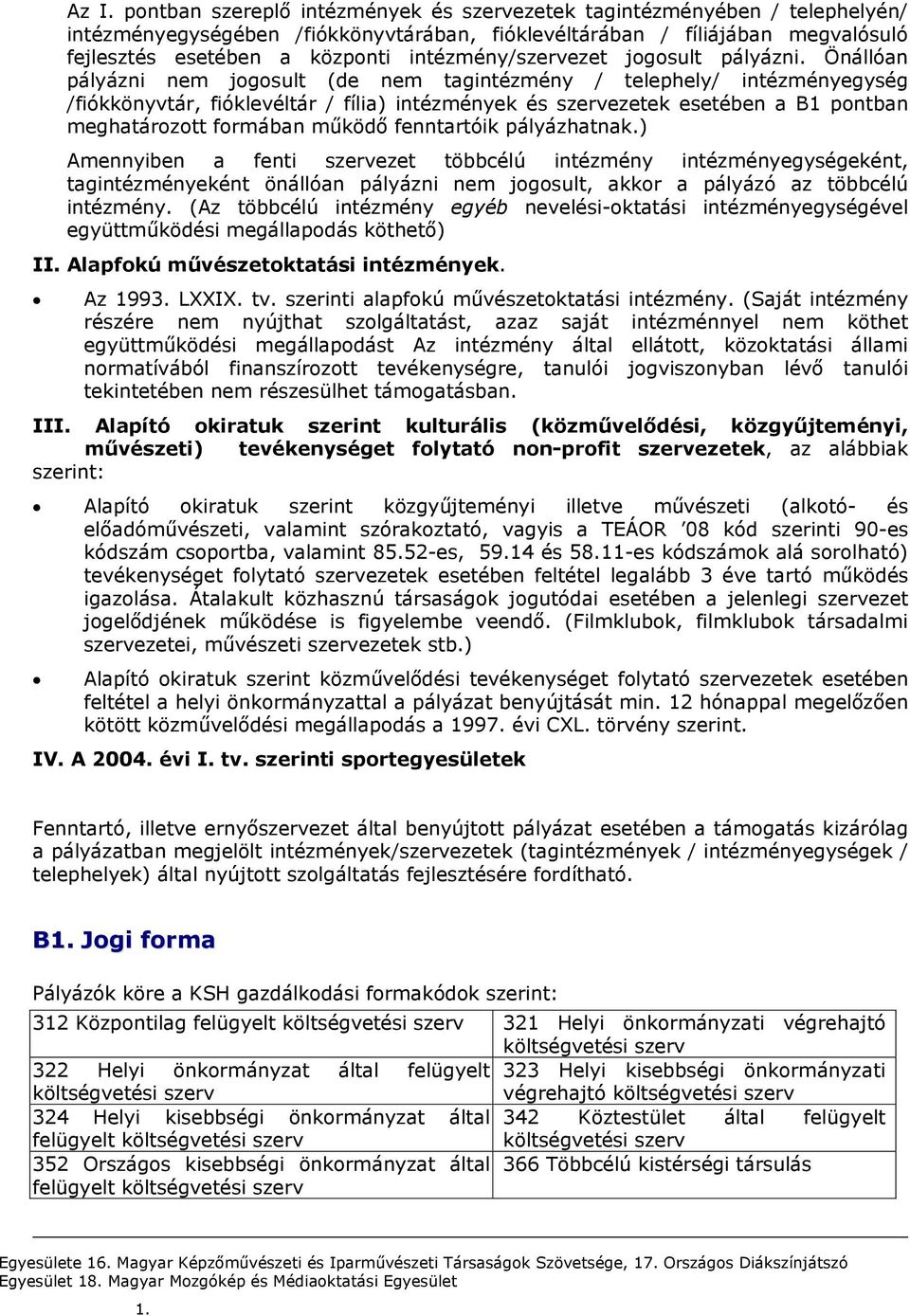 Önállóan pályázni nem jogosult (de nem tagintézmény / telephely/ intézményegység /fiókkönyvtár, fióklevéltár / fília) intézmények és szervezetek esetében a B1 pontban meghatározott formában működő