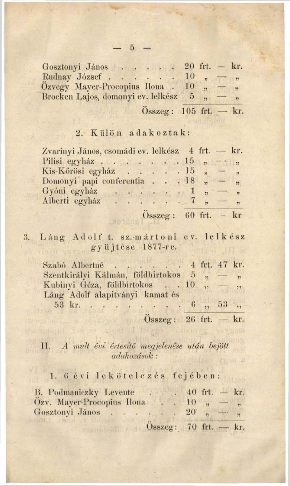 .. 7 n 1 Összeg : 60 frt. - kr Láng Adolf t. sz.mártoni e v. le 1k é s z gyűjtése 1877-re. Szabó A lb e r tn é... 4 frt. 47 kr.