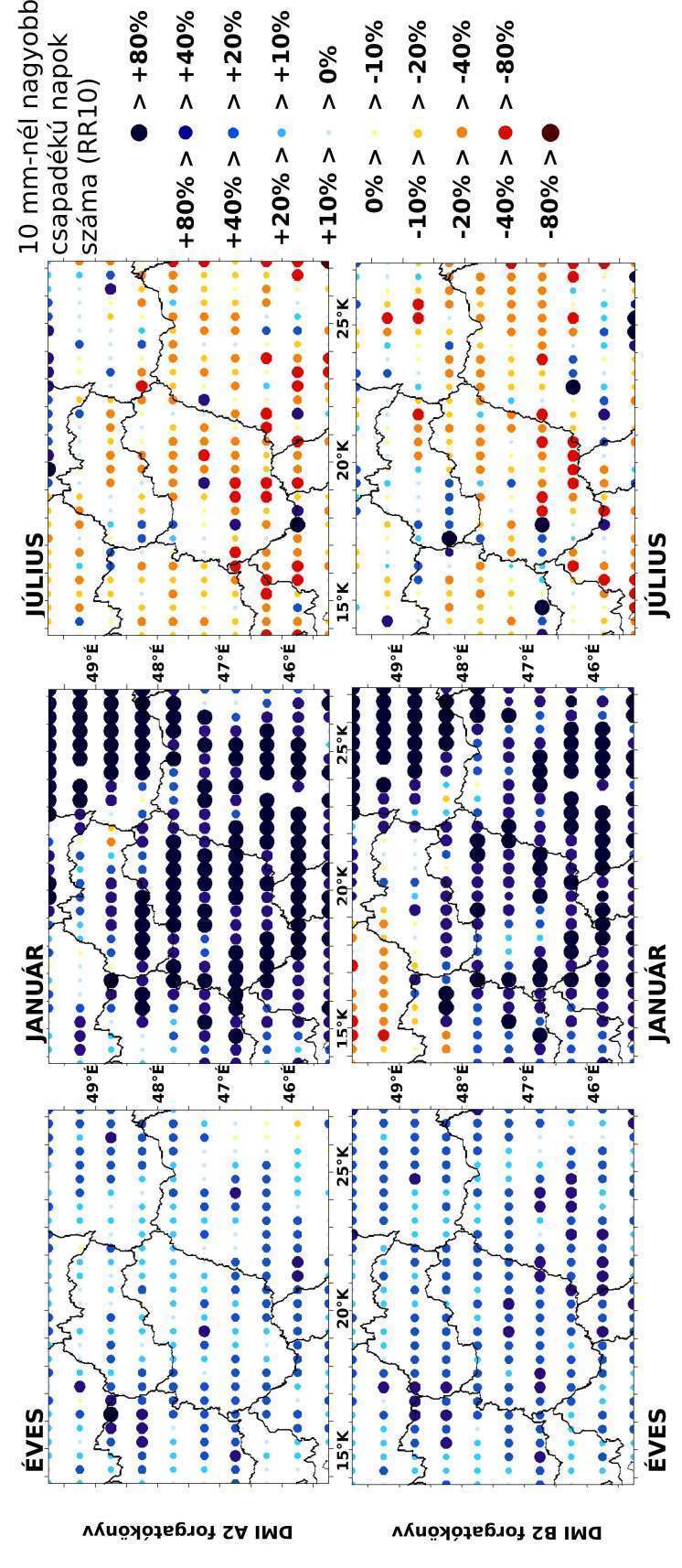 23. ábra: A 10 mm-t meghaladó csapadékú napok éves, januári és júliusi számának várható változása