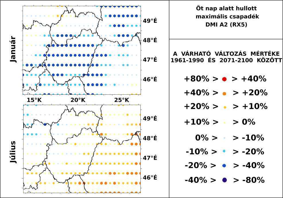 A nagy csapadékú napokat vizsgálva elmondhatjuk, hogy azok éves és januári száma várhatóan növekedni fog mindkét szcenárió esetén: éves szinten átlagosan az A2 esetén 20%-hoz, B2 esetén 40%-hoz