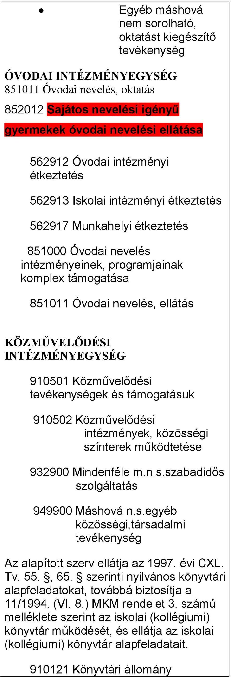 INTÉZMÉNYEGYSÉG 910501 Közművelődési ek és támogatásuk 910502 Közművelődési intézmények, közösségi színterek működtetése 932900 Mindenféle m.n.s.szabadidős szolgáltatás 949900 Máshová n.s.egyéb közösségi,társadalmi Az alapított szerv ellátja az 1997.