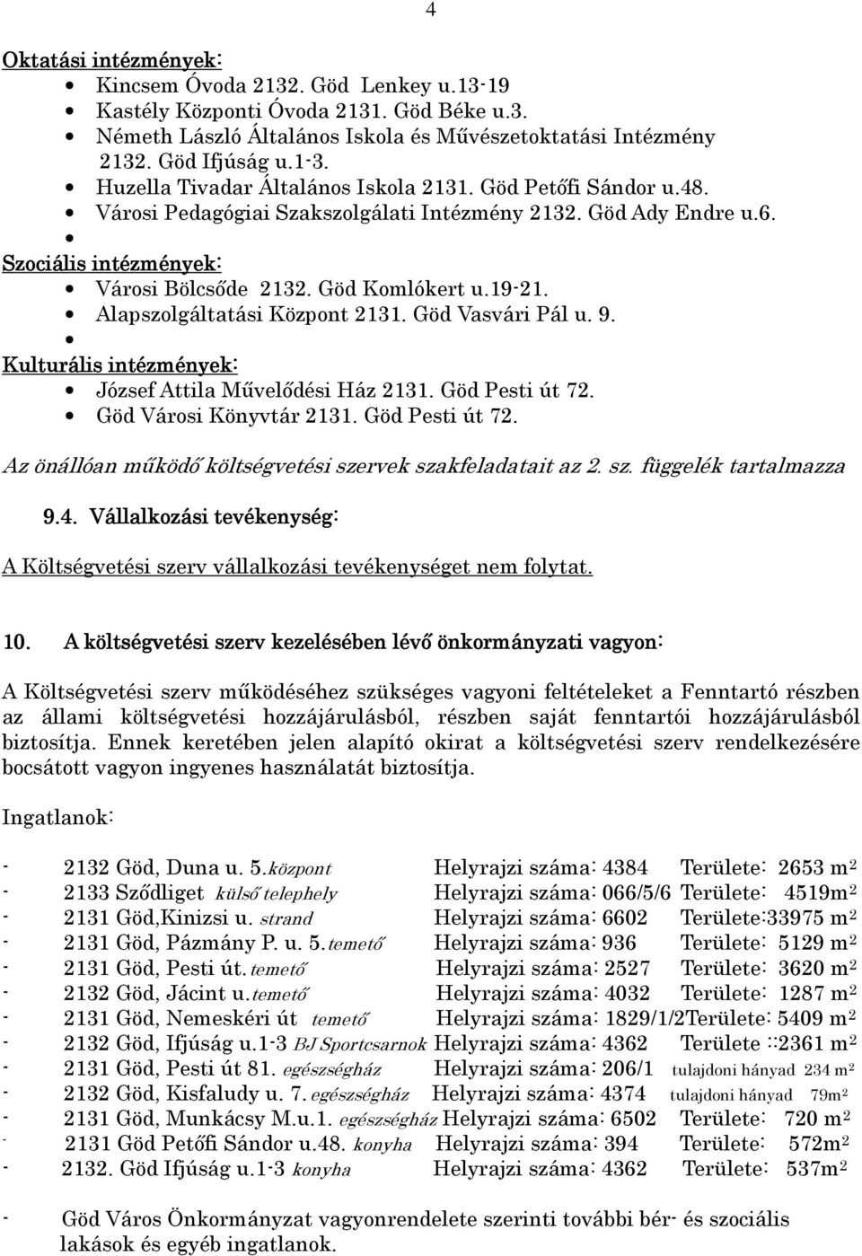 Alapszolgáltatási Központ 2131. Göd Vasvári Pál u. 9. Kulturális intézmények: József Attila Mővelıdési Ház 2131. Göd Pesti út 72. Göd Városi Könyvtár 2131. Göd Pesti út 72. 4 Az önállóan mőködı költségvetési szervek szakfeladatait az 2.