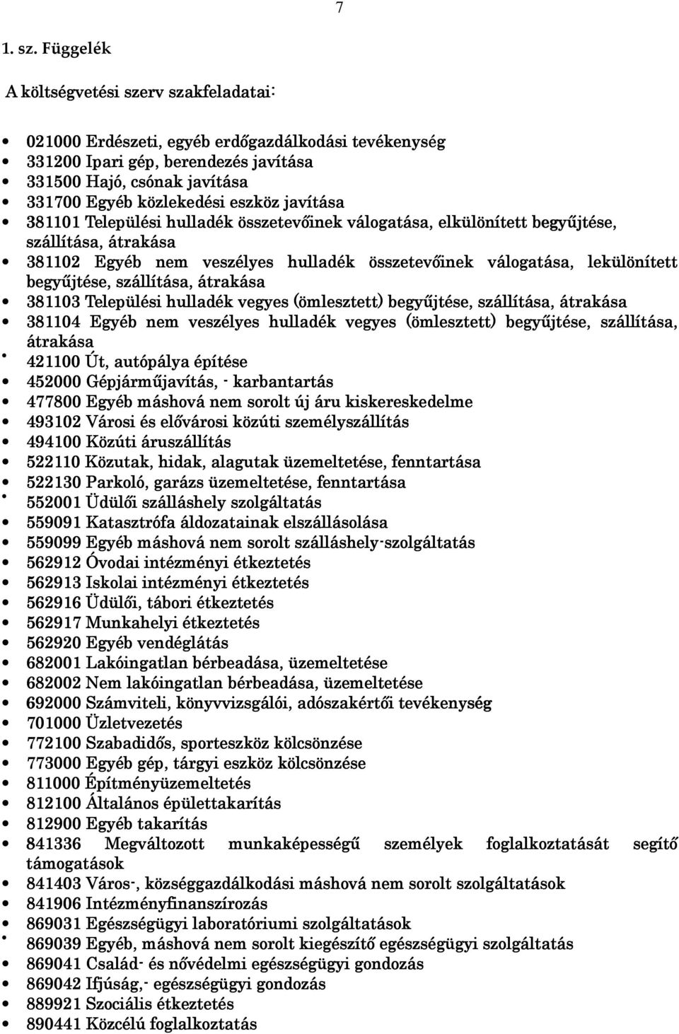 javítása 381101 Települési hulladék összetevıinek válogatása, elkülönített begyőjtése, szállítása, átrakása 381102 Egyéb nem veszélyes hulladék összetevıinek válogatása, lekülönített begyőjtése,