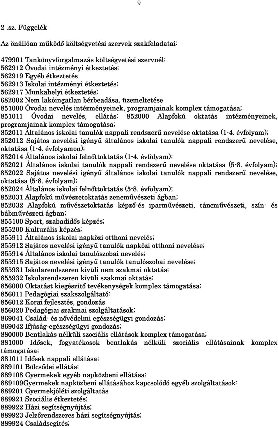 intézményi étkeztetés; 562917 Munkahelyi étkeztetés; 682002 Nem lakóingatlan bérbeadása, üzemeltetése 851000 Óvodai nevelés intézményeinek, programjainak komplex támogatása; 851011 Óvodai nevelés,