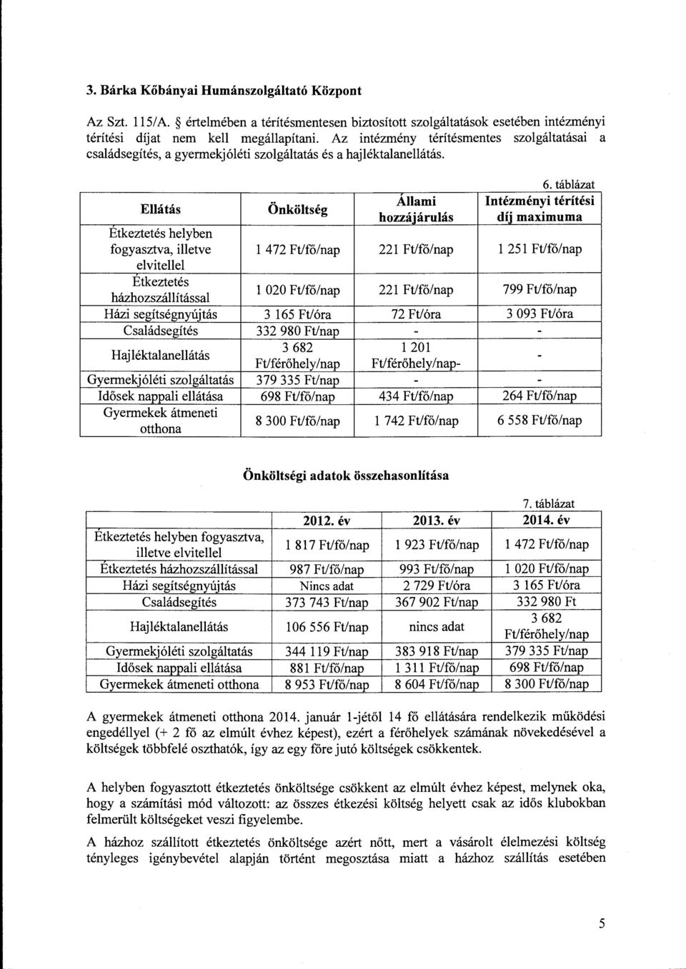 táblázat Ellátás Önköltség Aliami Intézményi térítési hozzájárulás díj maximuma Etkeztetés helyben fagyasztva, illetve l 472 Ft/fő/nap 221 Ft/fő/nap l 251 Ft/fő/nap elvitellel Etkeztetés