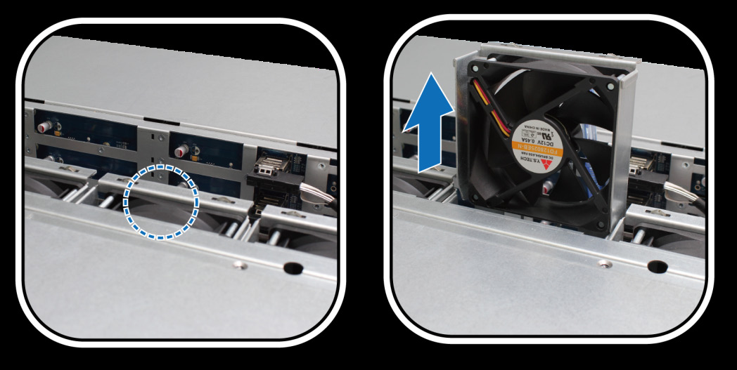 Meghibásodott ventillátor cseréje A Synology RackStation több hűtőventillátorral van felszerelve. Egy ventillátor meghibásodása esetén a RackStation sípoló hangot ad.