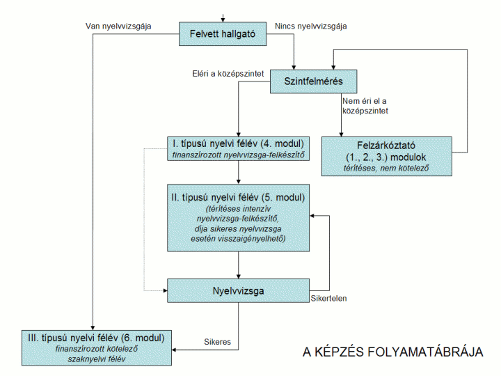 Az egyetem által finanszírozott nyelvoktatás középszinten indul az ún. I. típusú nyelvi félév (4.