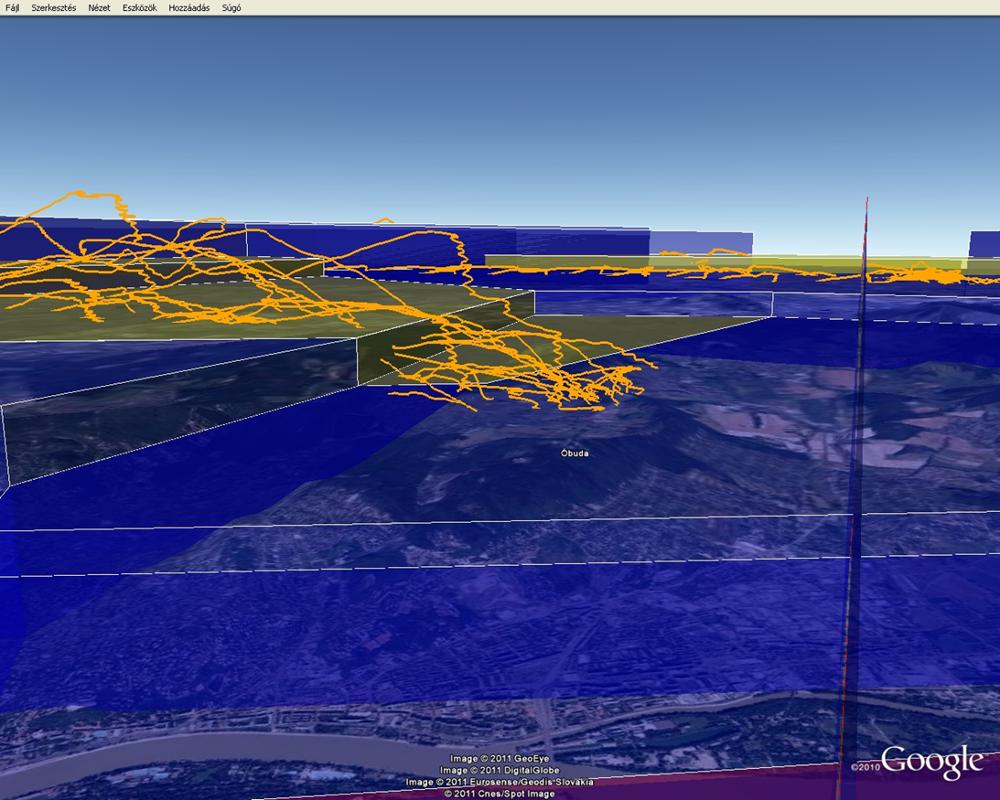 4. számú ábra: Óbuda-starthely siklóernyős útvonal kirepülések ellenőrzött légteret érintő szakaszai felülnézet (ábra: XContest) 5.