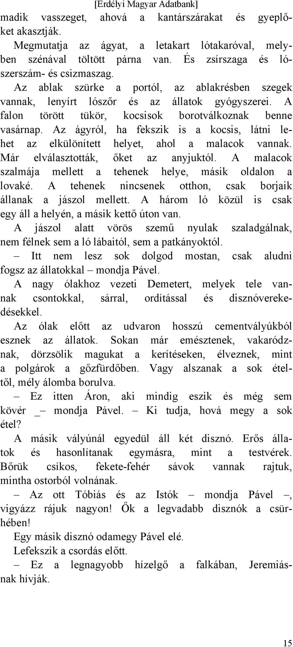 Az ágyról, ha fekszik is a kocsis, látni lehet az elkülönített helyet, ahol a malacok vannak. Már elválasztották, őket az anyjuktól. A malacok szalmája mellett a tehenek helye, másik oldalon a lovaké.