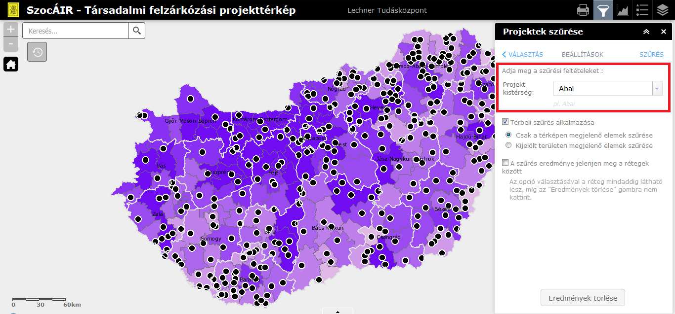 15. ábra: A szűrés első lépése Egy előredefiniált szűrés kiválasztása Az alkalmazás ezt követően automatikusan a második lépésre ugrik, amely során megadhatók a szűrés beállításai. 16.