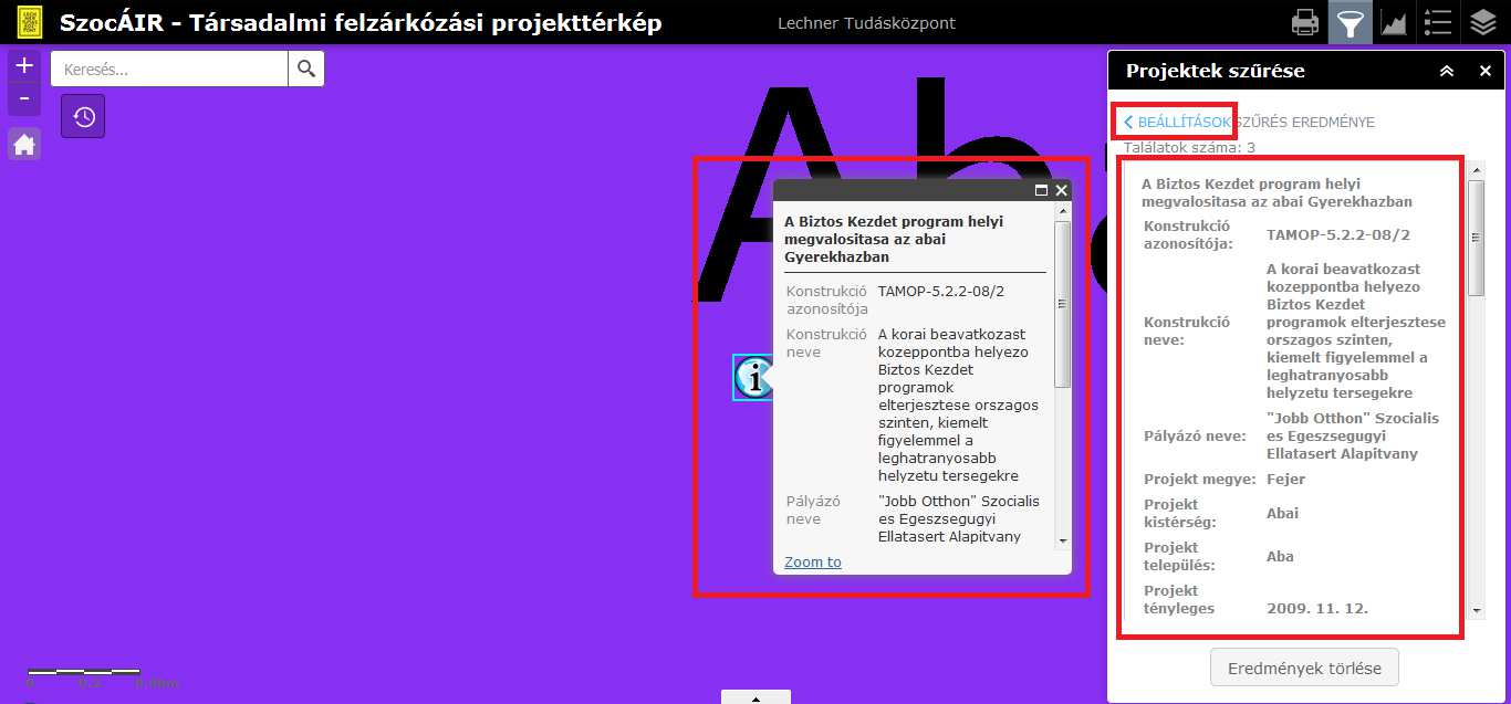 19. ábra: A szűrés harmadik lépése A szűrés találatai A találati listában valamelyik elemre kattintva a térképi kivágat a kiválasztott elemre nagyít és egy információs ablakban megmutatja a