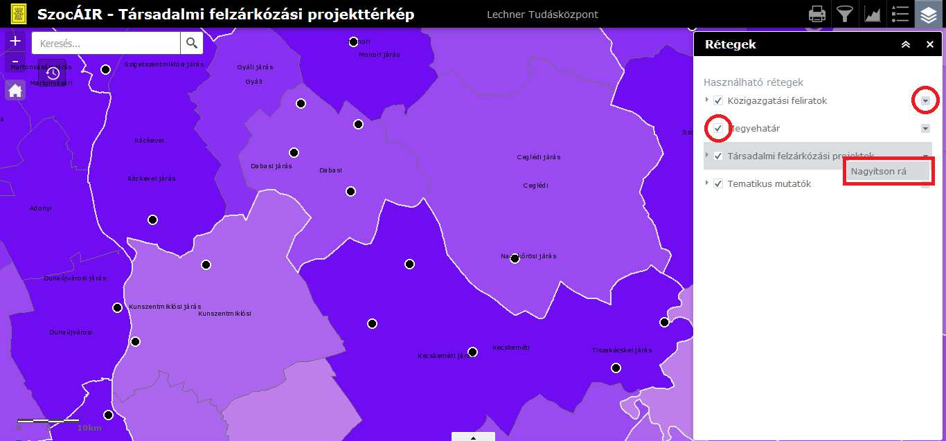 Az ikonra kattintva megjelenik a Rétegek panel, ahol a térképi rétegek, rétegcsoportok kezelhetők. 29.