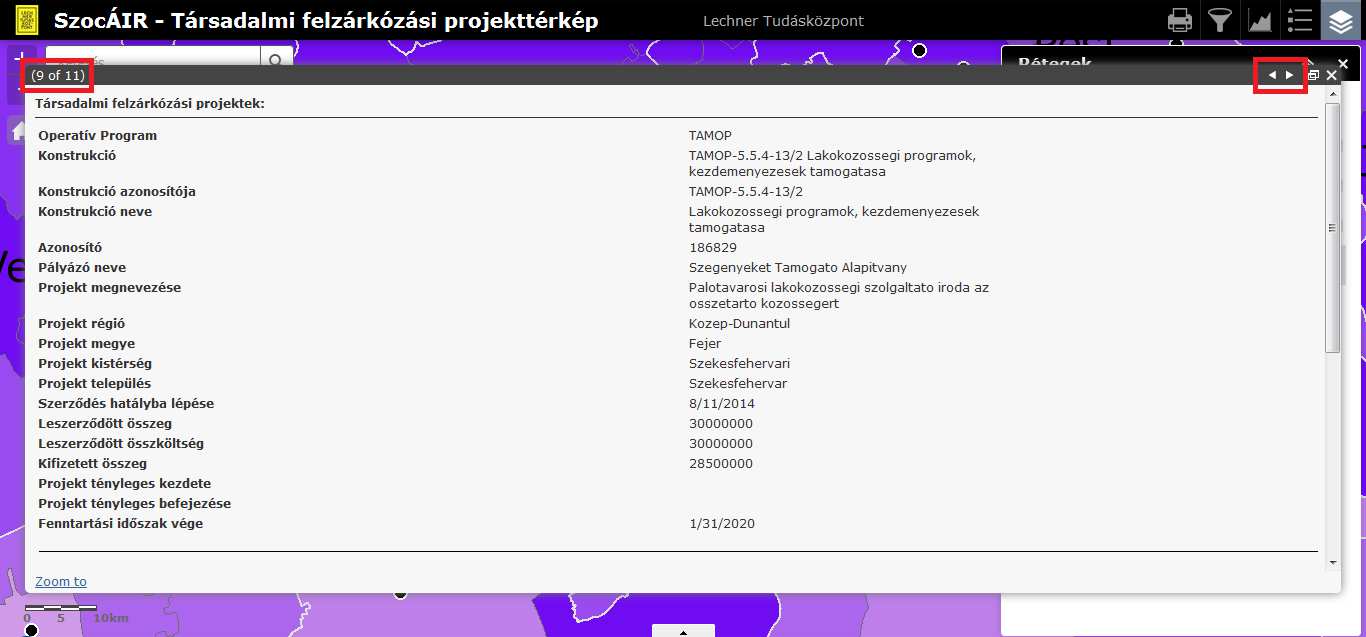 4. TÉRKÉPI ELEM KIVÁLASZTÁSA, ADATAINAK MEGTEKINTÉSE Az alkalmazás által megjelenített elemek vizsgálatának közvetlen módja a kiválasztott elemre történő kattintás, melynek eredményeképpen egy