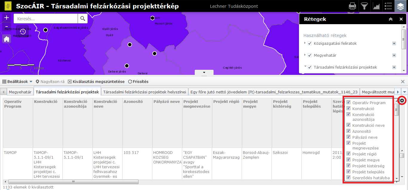 34. ábra: Az adattábla kezelőfelülete és fő elemei Az adattábla oszlopainak elrejtésével áttekinthetőbbé tehető az adattábla.