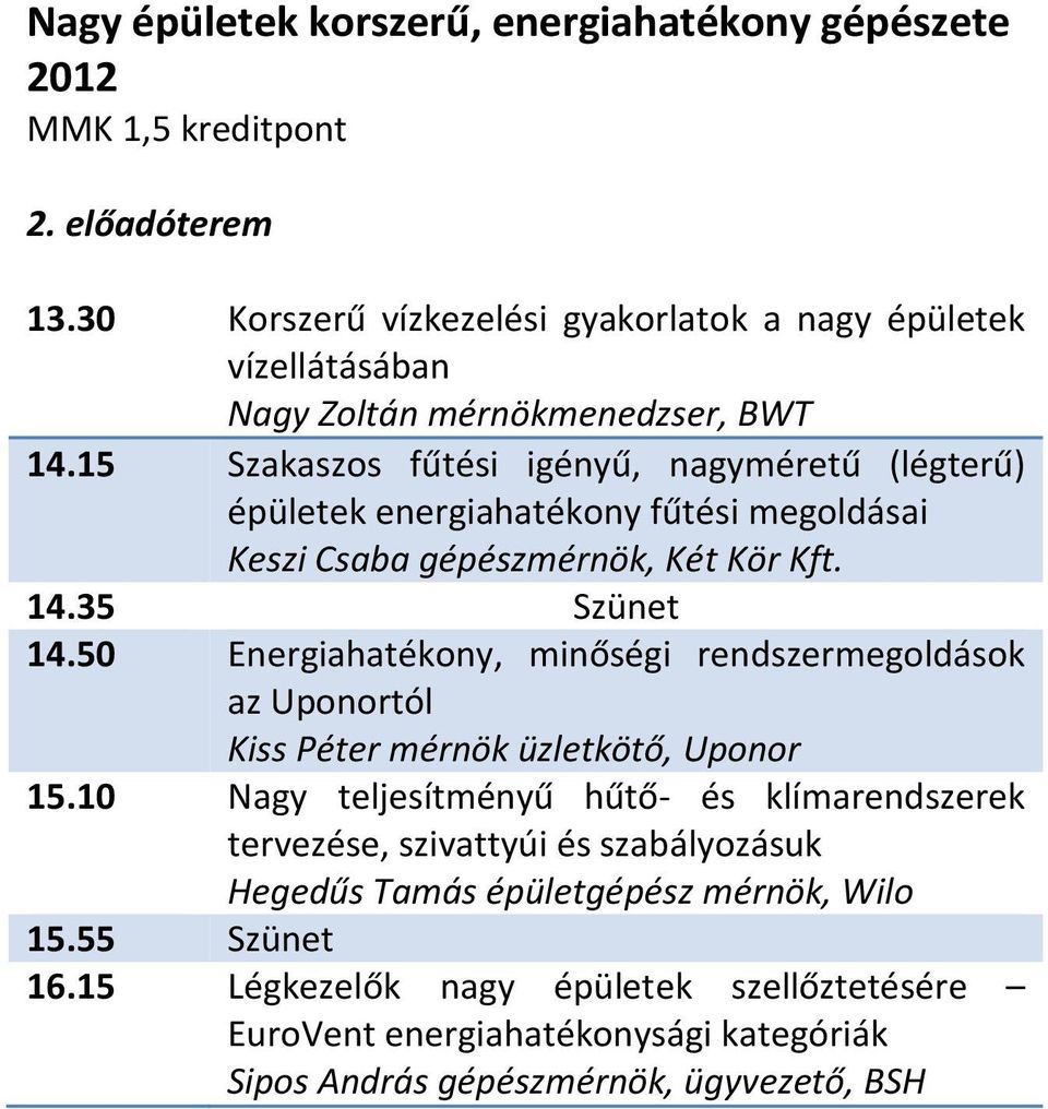 15 Szakaszos fűtési igényű, nagyméretű (légterű) épületek energiahatékony fűtési megoldásai Keszi Csaba gépészmérnök, Két Kör Kft. 14.35 Szünet 14.