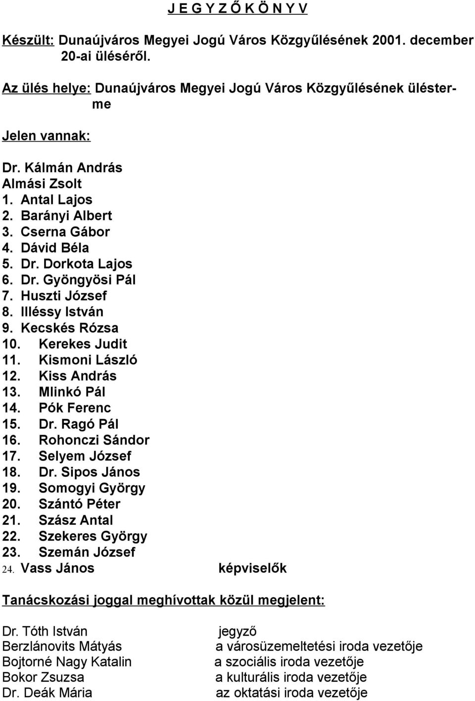 Kerekes Judit 11. Kismoni László 12. Kiss András 13. Mlinkó Pál 14. Pók Ferenc 15. Dr. Ragó Pál 16. Rohonczi Sándor 17. Selyem József 18. Dr. Sipos János 19. Somogyi György 20. Szántó Péter 21.