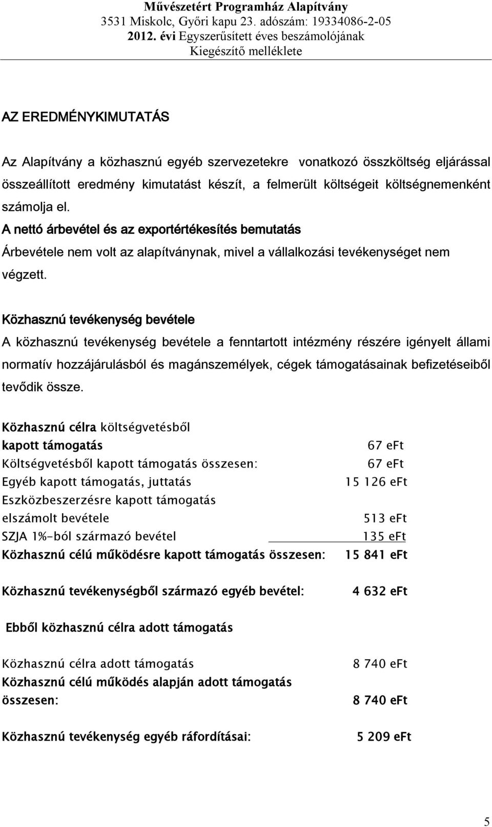 Közhasznú tevékenység bevétele A közhasznú tevékenység bevétele a fenntartott intézmény részére igényelt állami normatív hozzájárulásból és magánszemélyek, cégek támogatásainak befizetéseiből tevődik