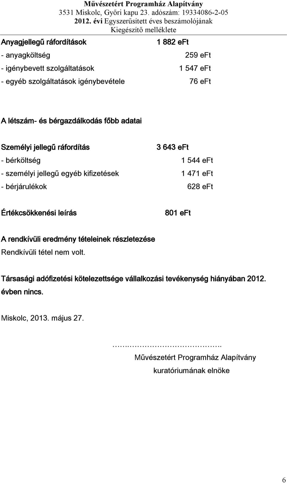 kifizetések 1 471 eft - bérjárulékok 628 eft Értékcsökkenési leírás 801 eft A rendkívüli eredmény tételeinek részletezése Rendkívüli tétel nem volt.