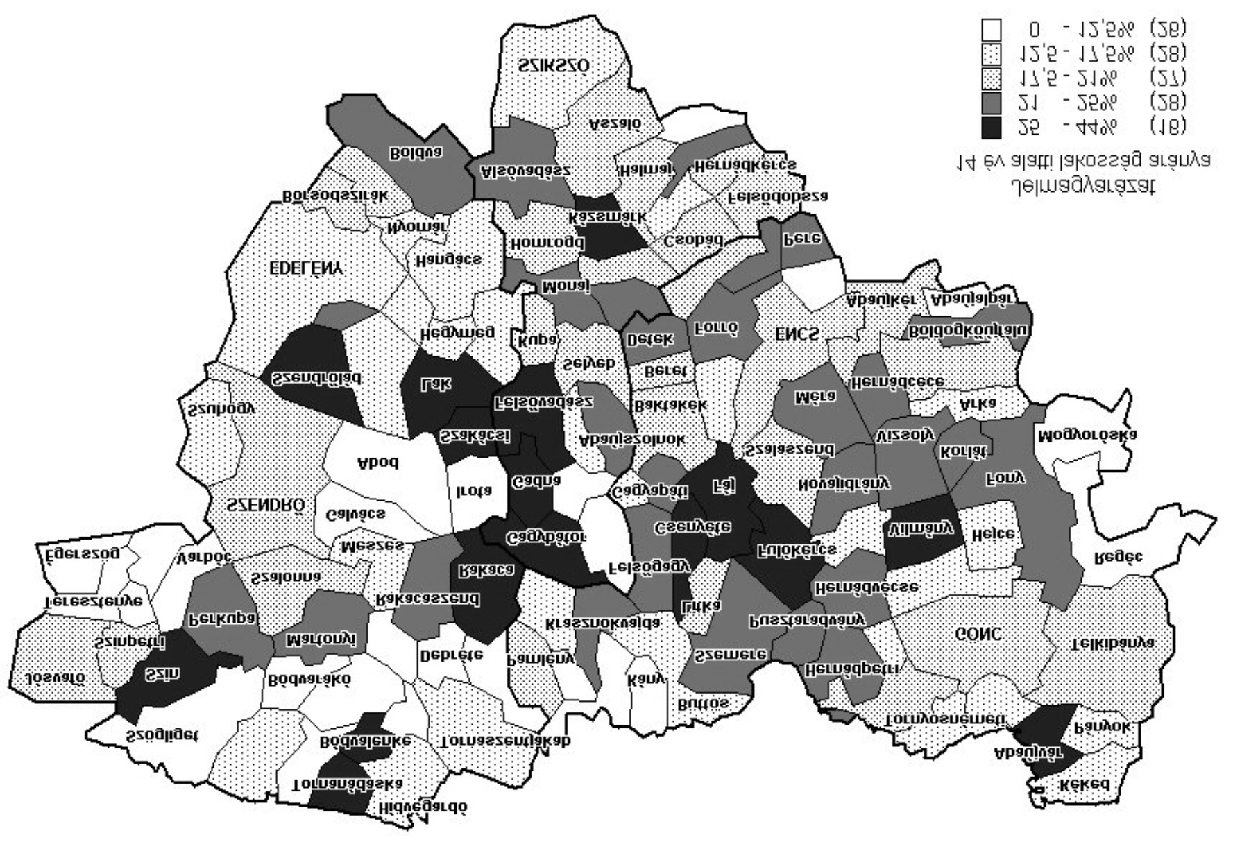 2. ábra A 14 évnél fiatalabbak lakosságon belüli aránya a Cserehát Hernád Bódva vidéken, 2002 MTA RKK KÉTI Miskolci Osztálya, 2003 A még fiatalabb népességû településeket is erõsen sújtja az