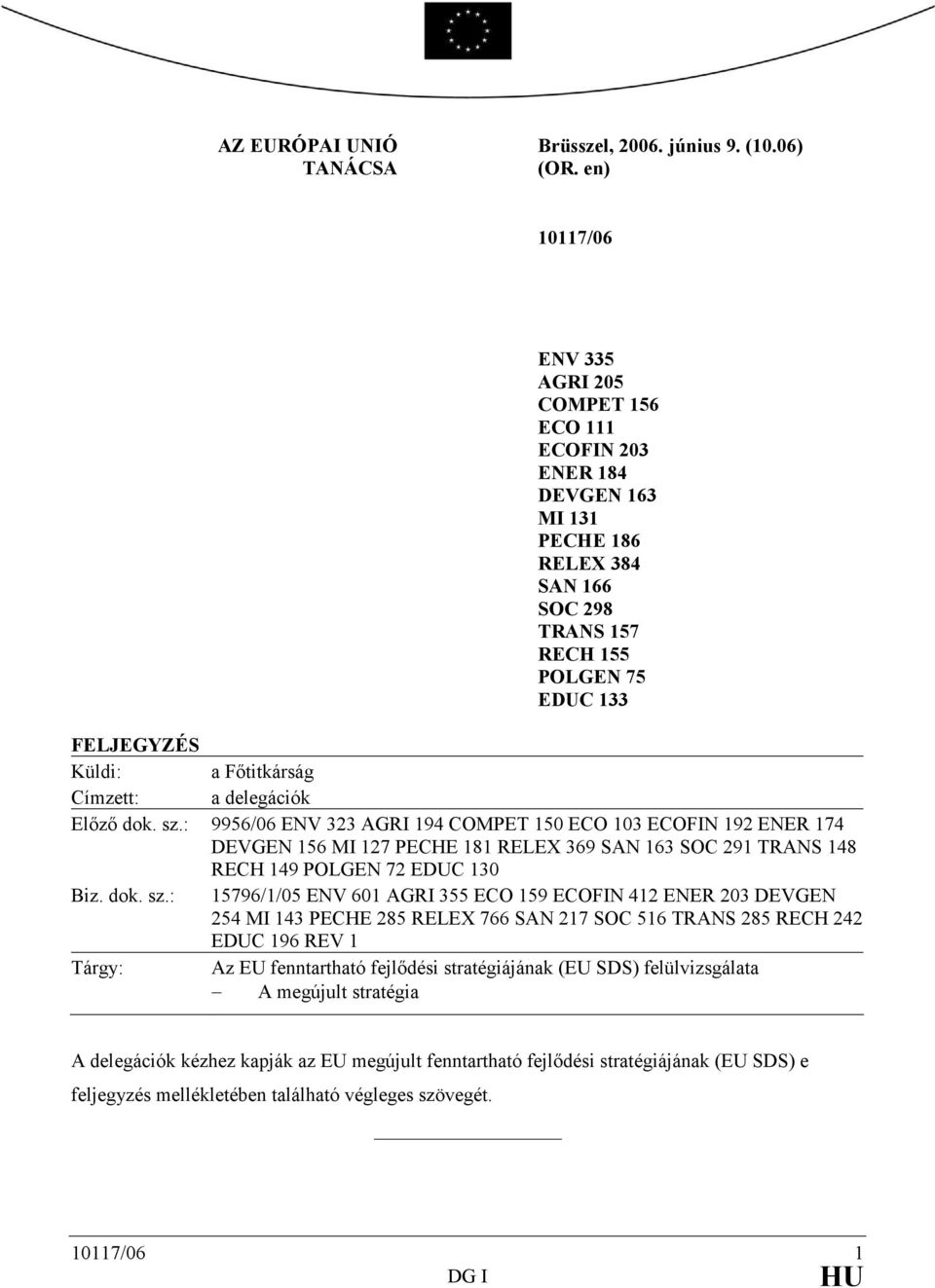 Címzett: a delegációk Elızı dok. sz.: 9956/06 ENV 323 AGRI 194 COMPET 150 ECO 103 ECOFIN 192 ENER 174 DEVGEN 156 MI 127 PECHE 181 RELEX 369 SAN 163 SOC 291 TRANS 148 RECH 149 POLGEN 72 EDUC 130 Biz.